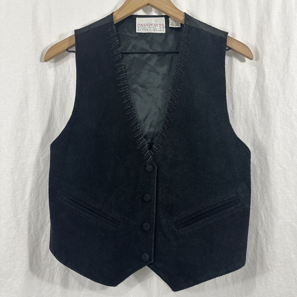 Passports Vintage Black Suede Leather Stitch Snap Button Vest Sz M Rodeo Cowboy